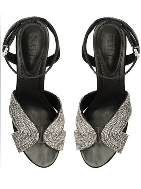 SCHUTZ Black Ankle-Strap Heels with Silver Beaded Detail